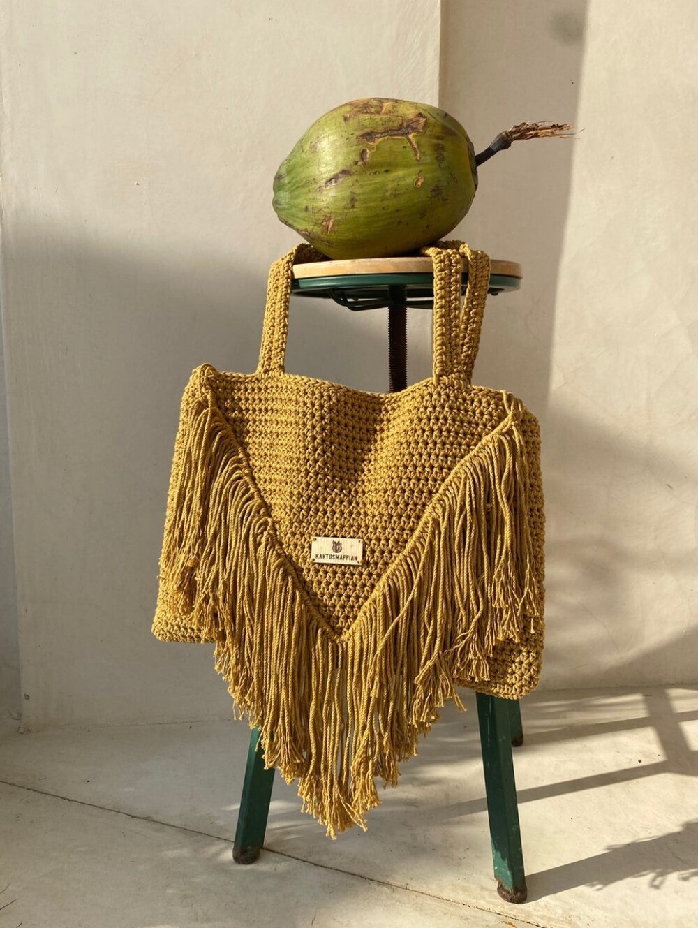 Boho Handwoven Mustard Fringe Tote Bag